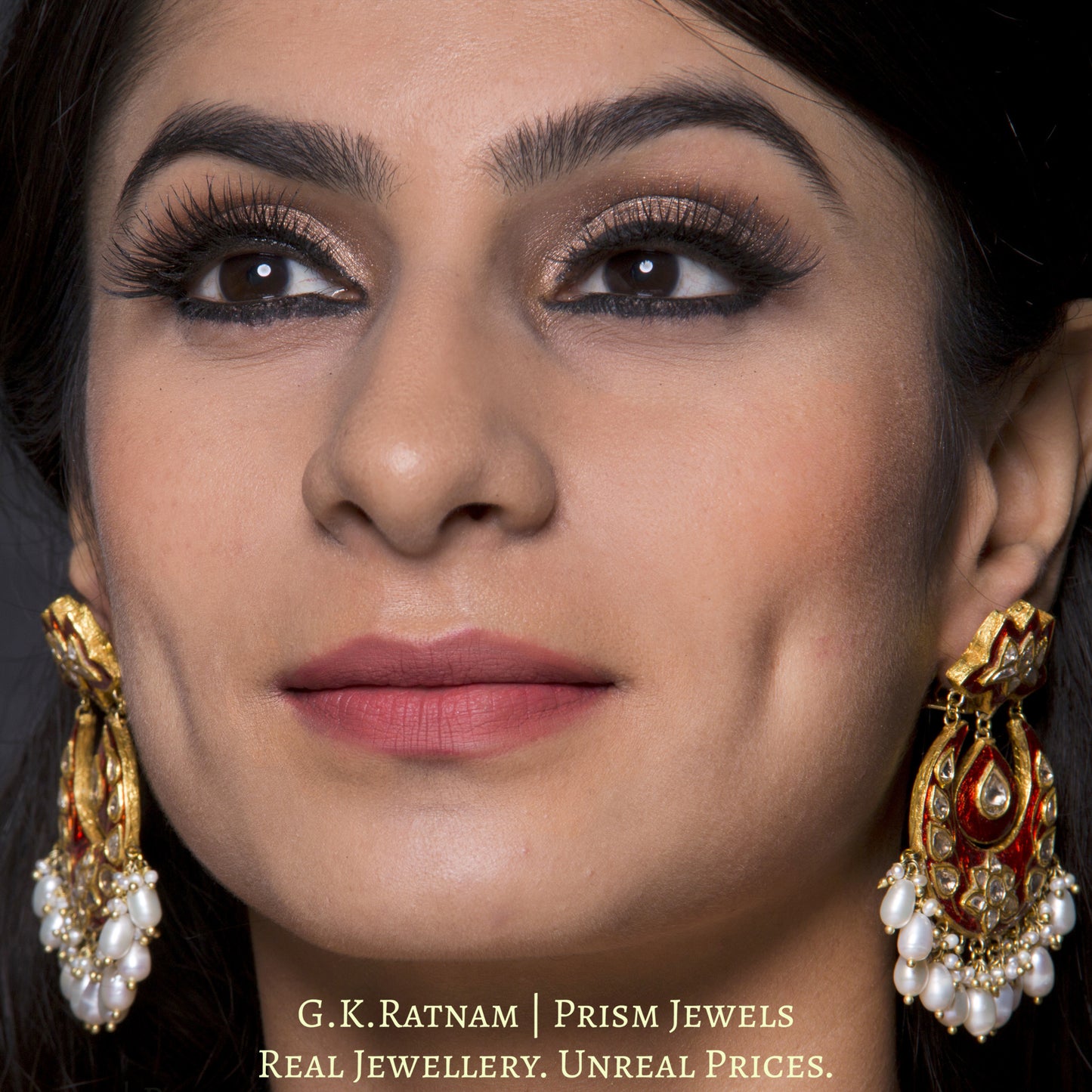 23k Gold and Diamond Polki Chand Bali Earring Pair with red meenakari