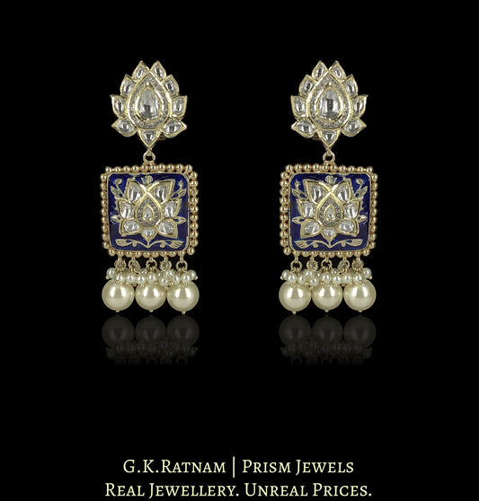 18k Gold and Diamond Polki Long Earring Pair with intricate Blue Enamelling
