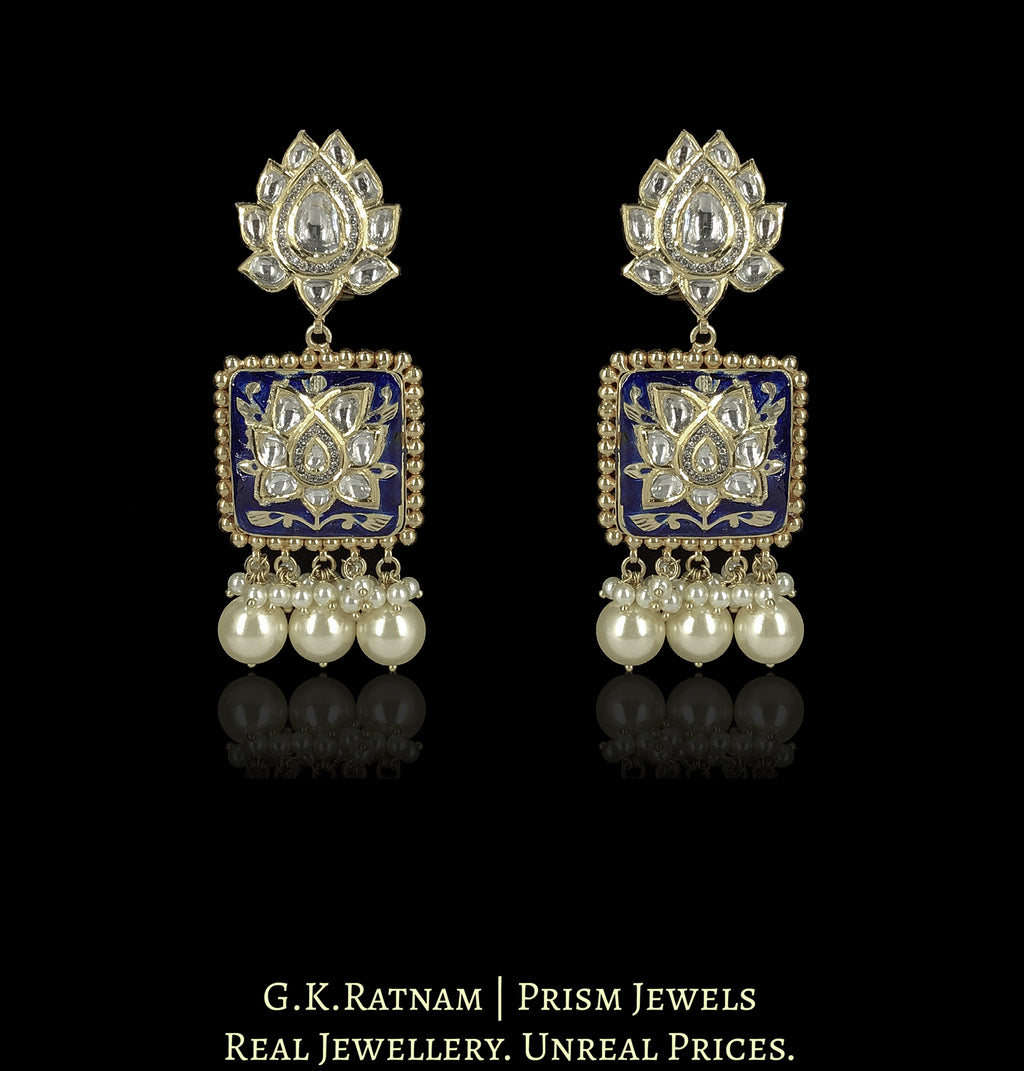 18k Gold and Diamond Polki Long Earring Pair with intricate Blue Enamelling