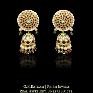 23k Gold and Diamond Polki Karanphool Jhumki Earring Pair with Rubies and Emeralds
