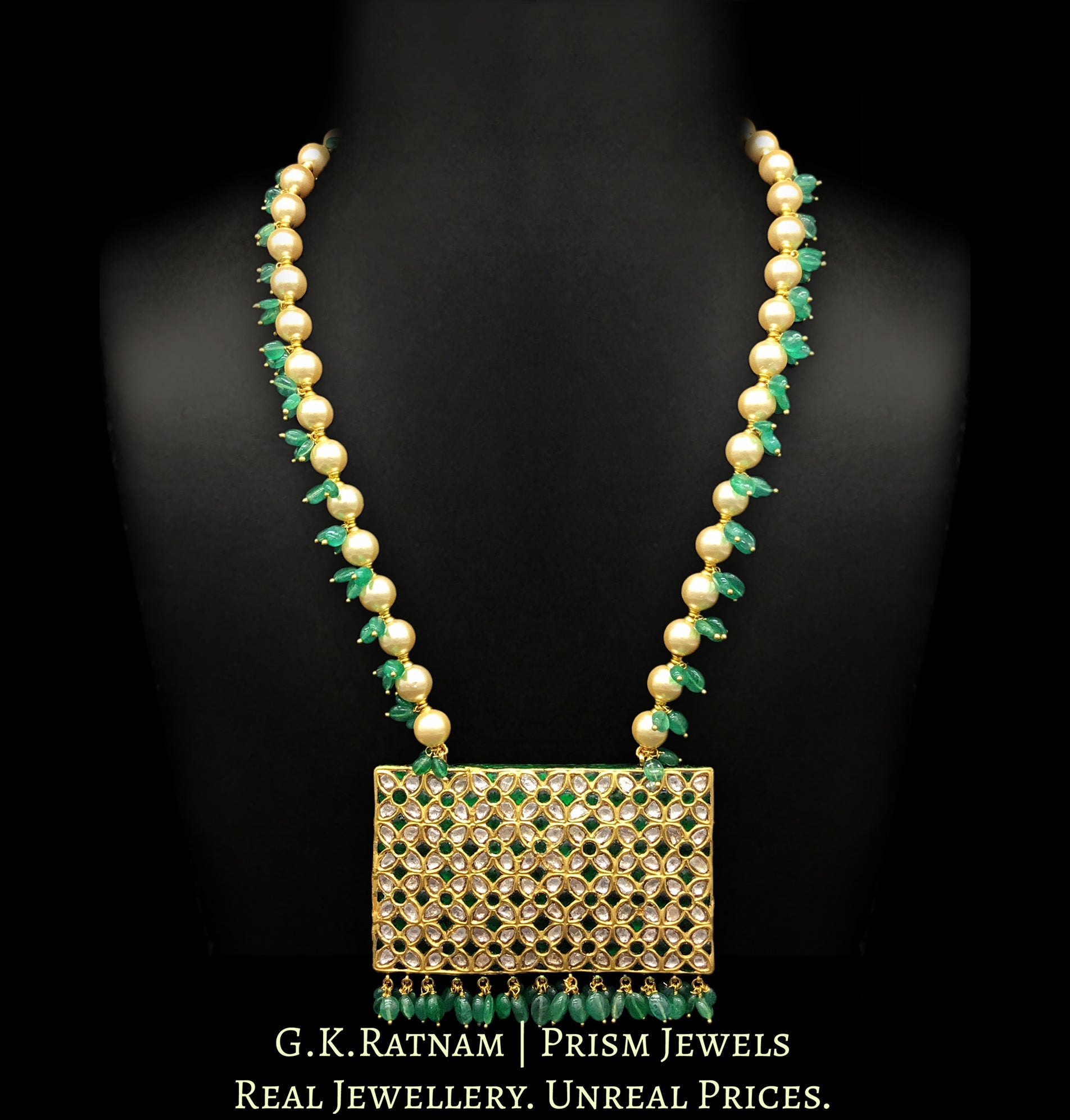 23k Gold and Diamond Polki green rectangle Pendant with pearls and green beryls