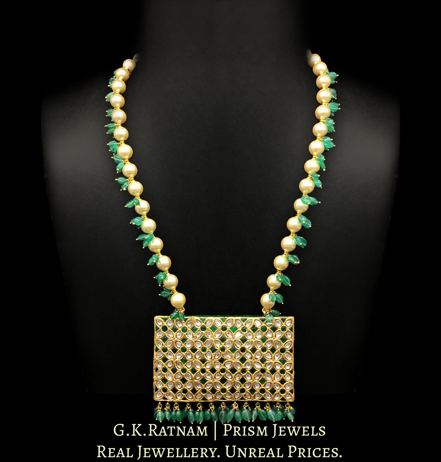 23k Gold and Diamond Polki green rectangle Pendant with pearls and green beryls