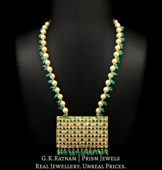 23k Gold and Diamond Polki green rectangle Pendant with pearls and green beryls