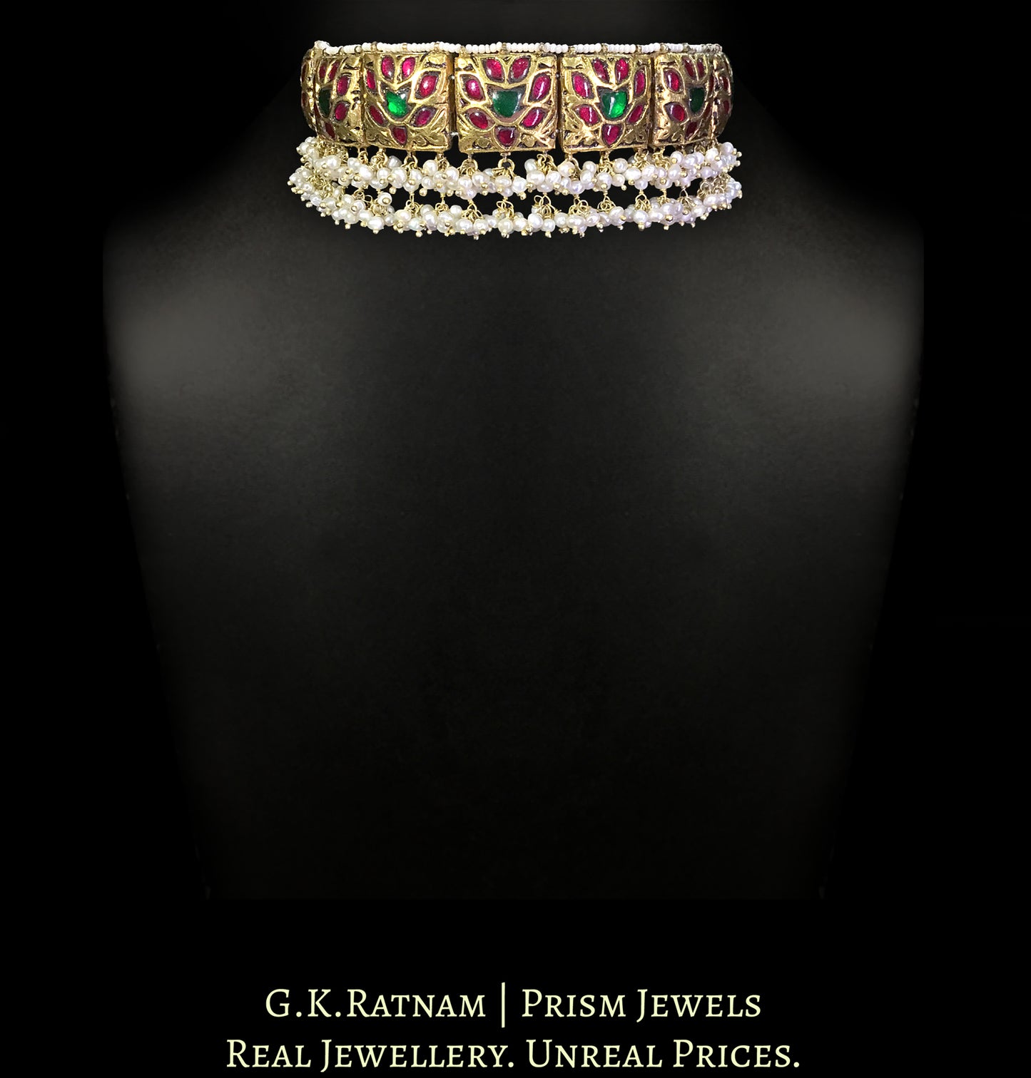 23k Gold and Diamond Polki double-sided Navratna Choker Necklace with Pearl Bunches