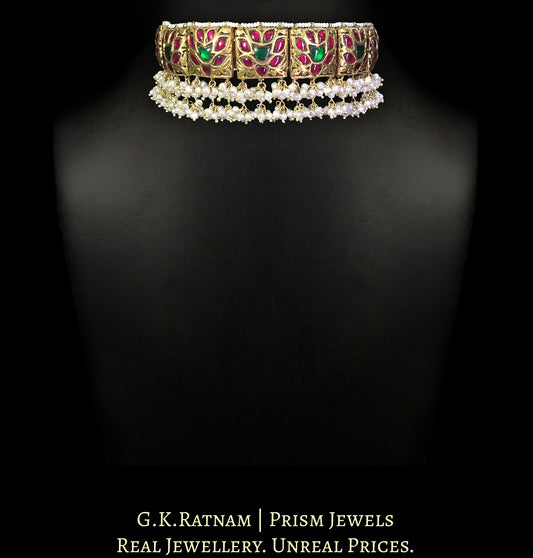 23k Gold and Diamond Polki double-sided Navratna Choker Necklace with Pearl Bunches