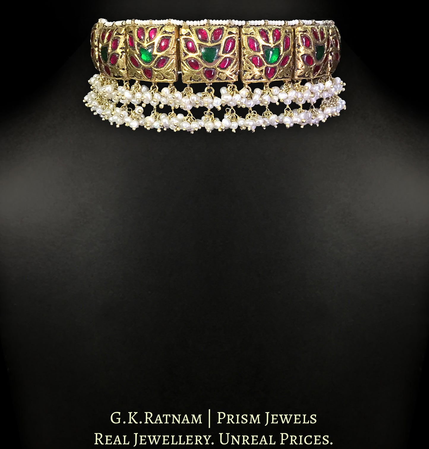 23k Gold and Diamond Polki double-sided Navratna Choker Necklace with Pearl Bunches