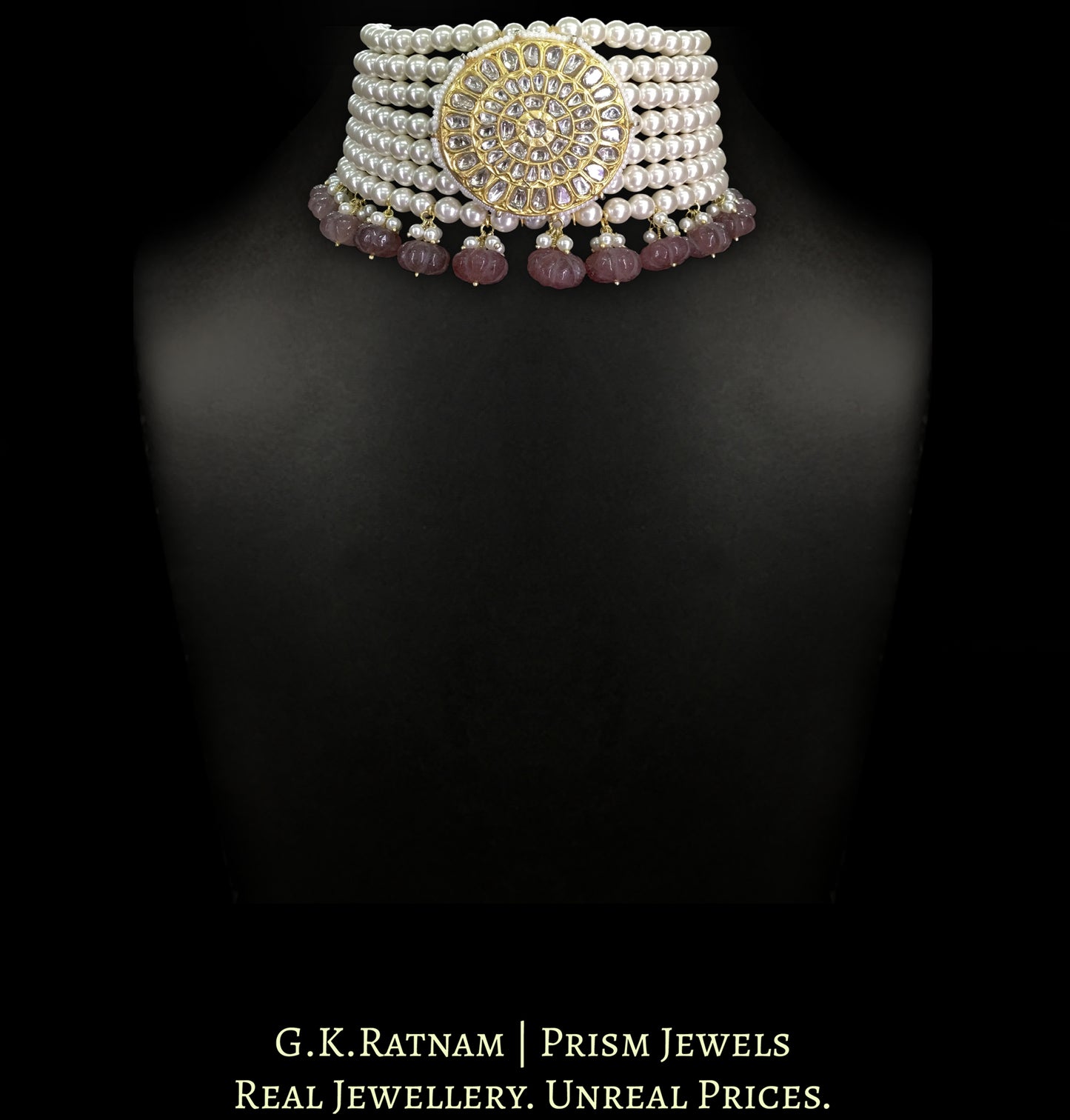 23k Gold and Diamond Polki Choker Necklace with Pearls and Pink Melons - G. K. Ratnam