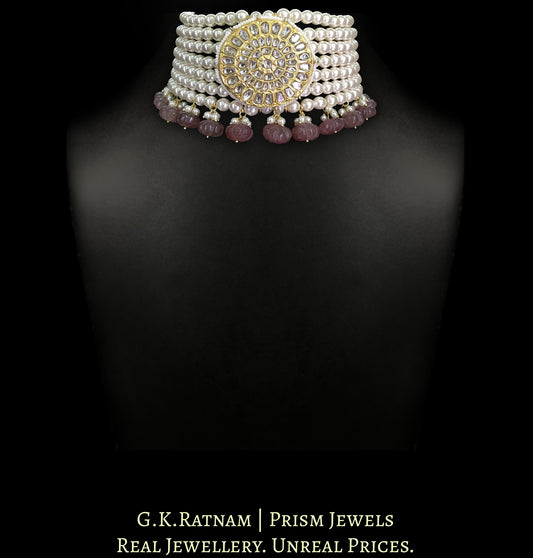 23k Gold and Diamond Polki Choker Necklace with Pearls and Pink Melons