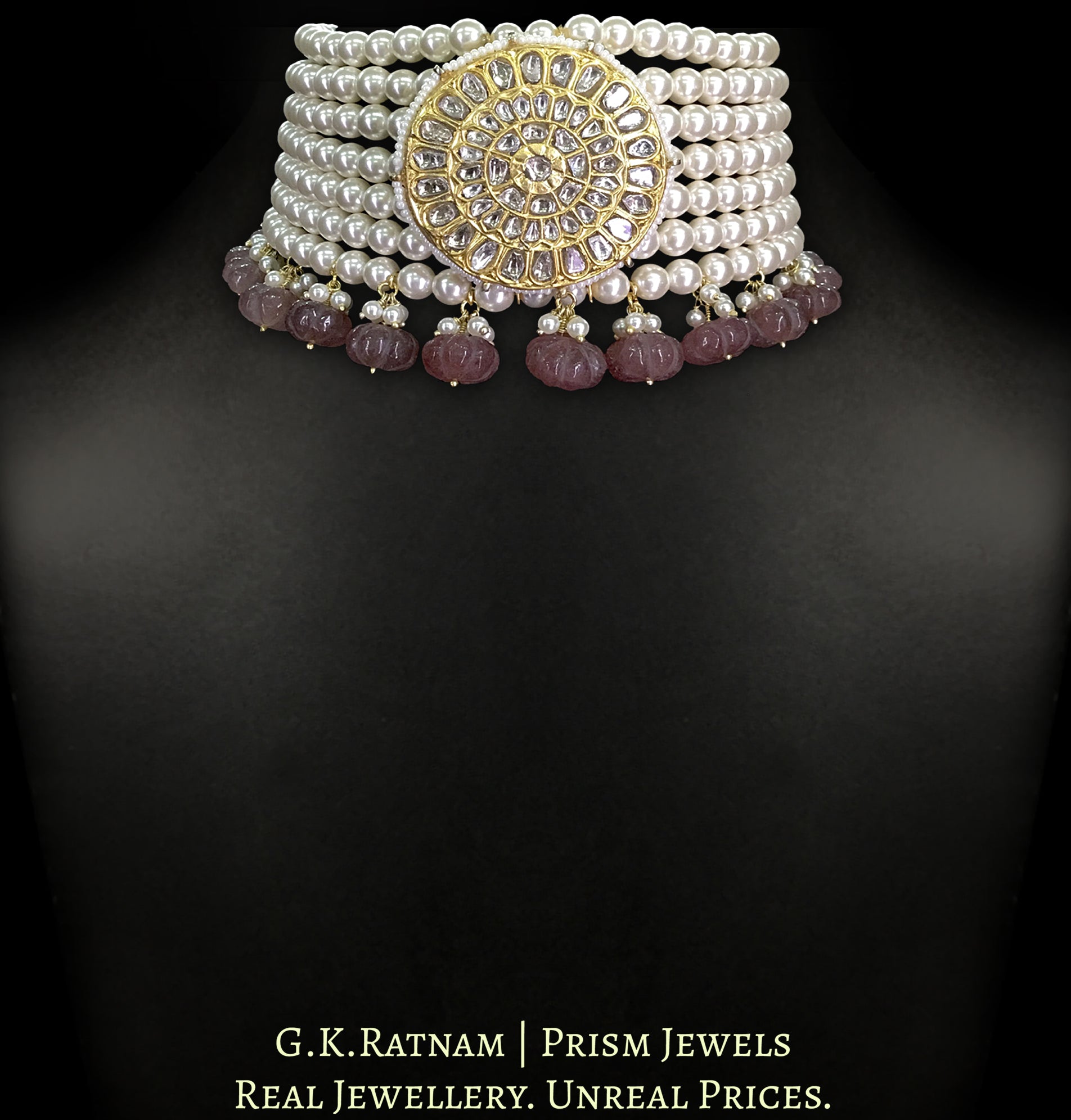 23k Gold and Diamond Polki Choker Necklace with Pearls and Pink Melons