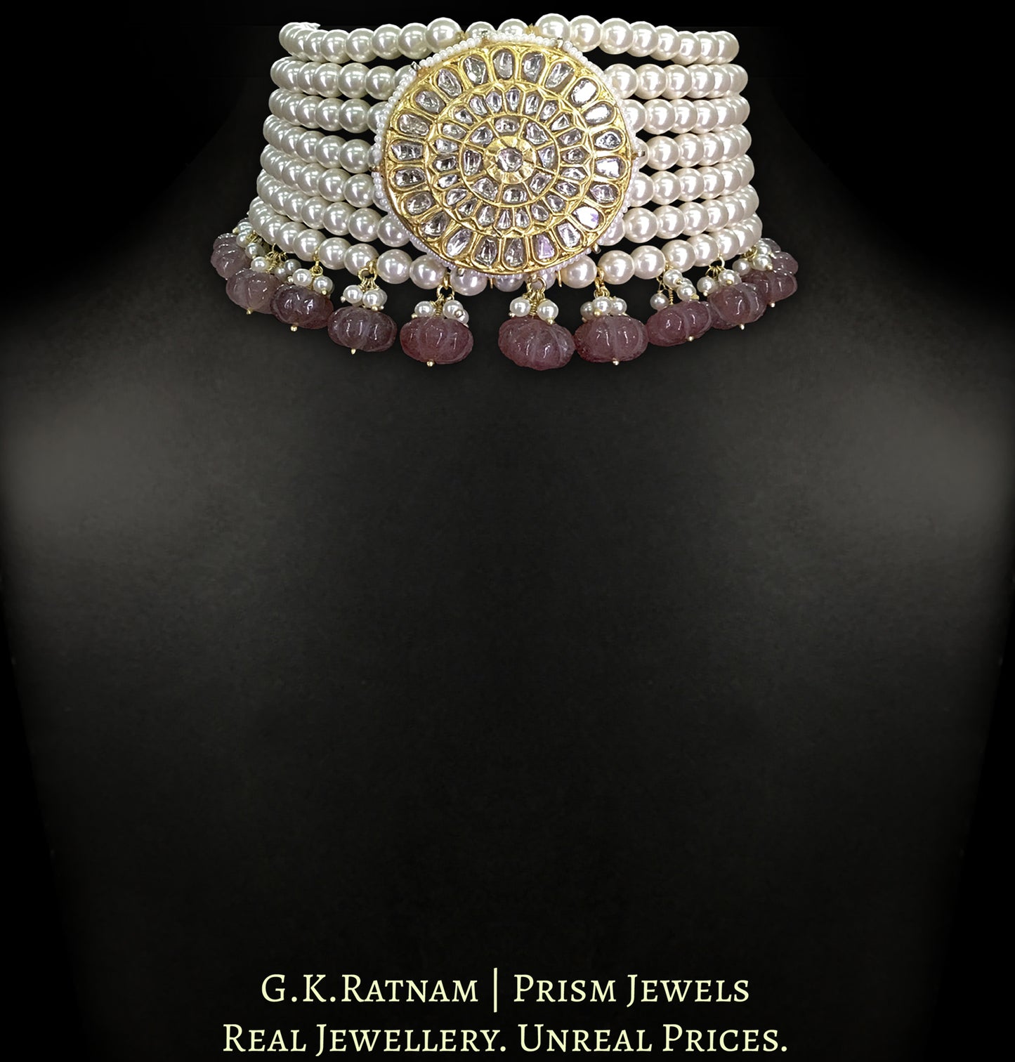 23k Gold and Diamond Polki Choker Necklace with Pearls and Pink Melons - G. K. Ratnam