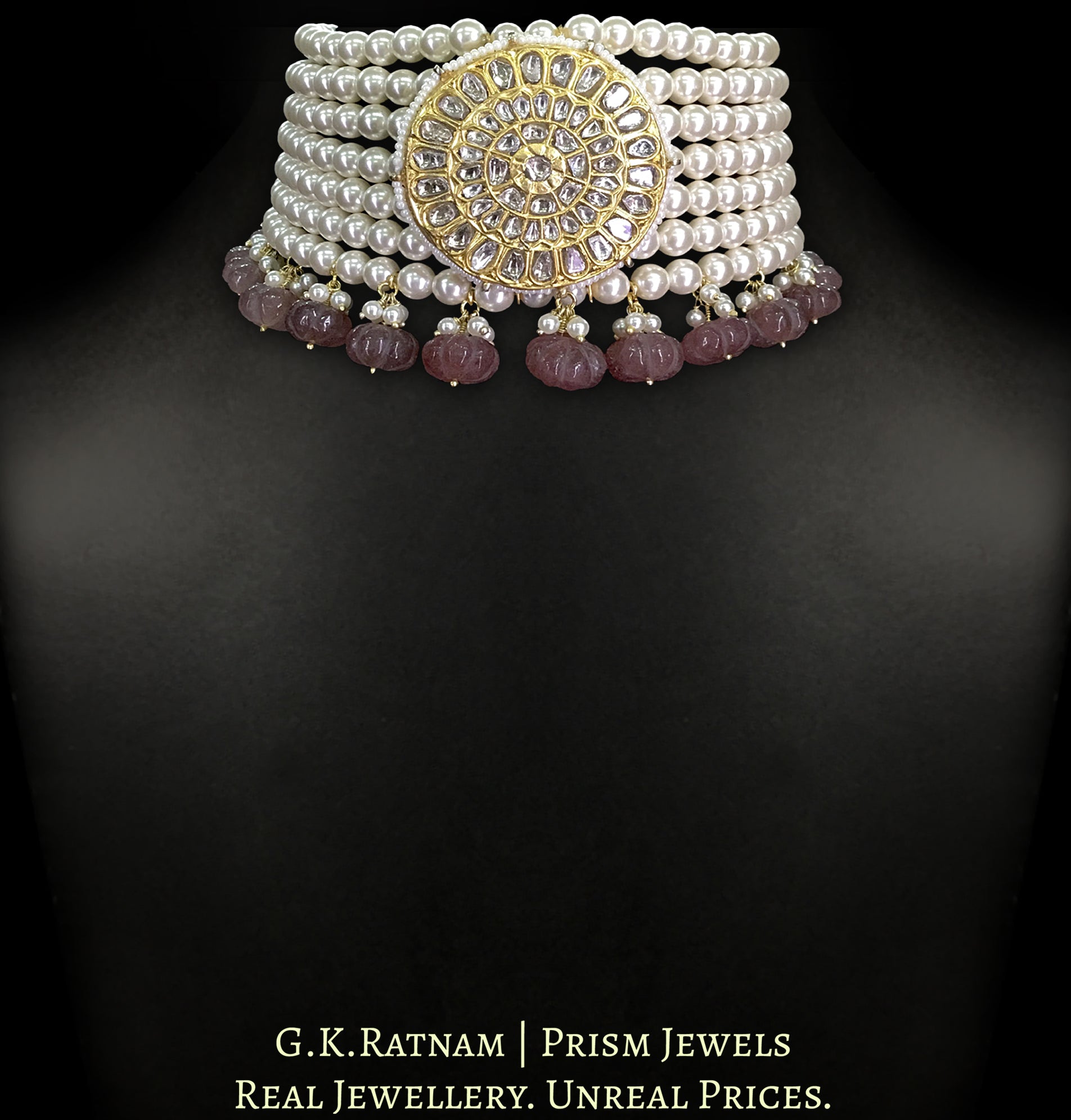 23k Gold and Diamond Polki Choker Necklace with Pearls and Pink Melons - G. K. Ratnam