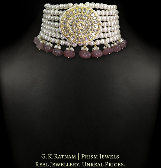 23k Gold and Diamond Polki Choker Necklace with Pearls and Pink Melons