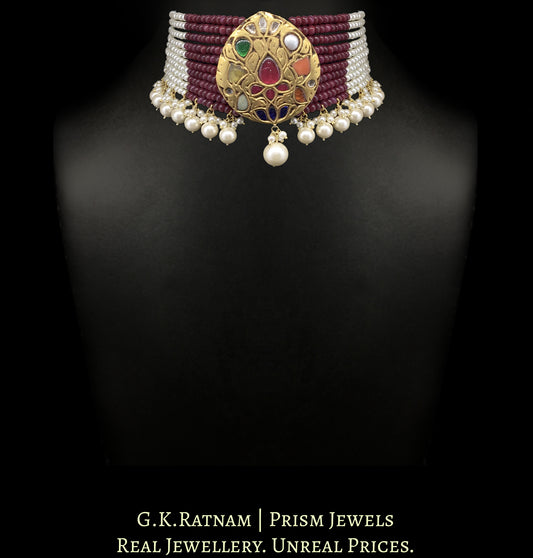 23k Gold and Diamond Polki pear-shaped Navratna Pendant Choker Necklace strung in Rubies and Pearls