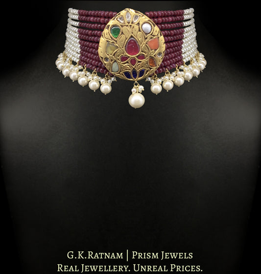 23k Gold and Diamond Polki pear-shaped Navratna Pendant Choker Necklace strung in Rubies and Pearls