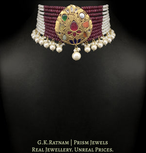 23k Gold and Diamond Polki pear-shaped Navratna Pendant Choker Necklace strung in Rubies and Pearls