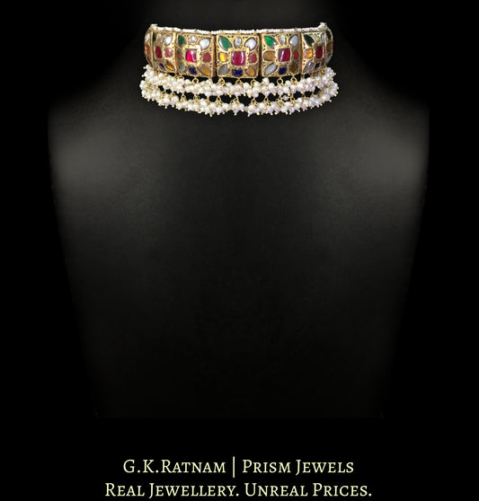 23k Gold and Diamond Polki double-sided Navratna Choker Necklace with Pearl Bunches