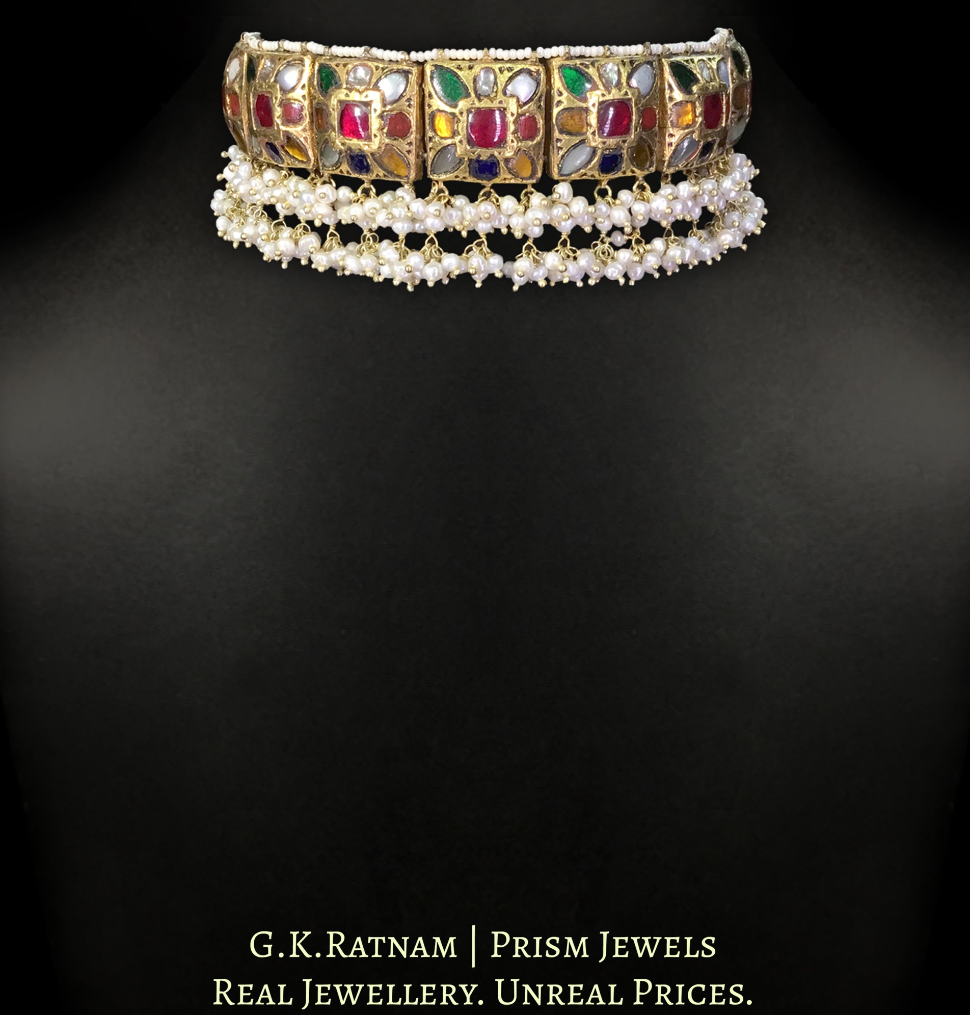 23k Gold and Diamond Polki double-sided Navratna Choker Necklace with Pearl Bunches