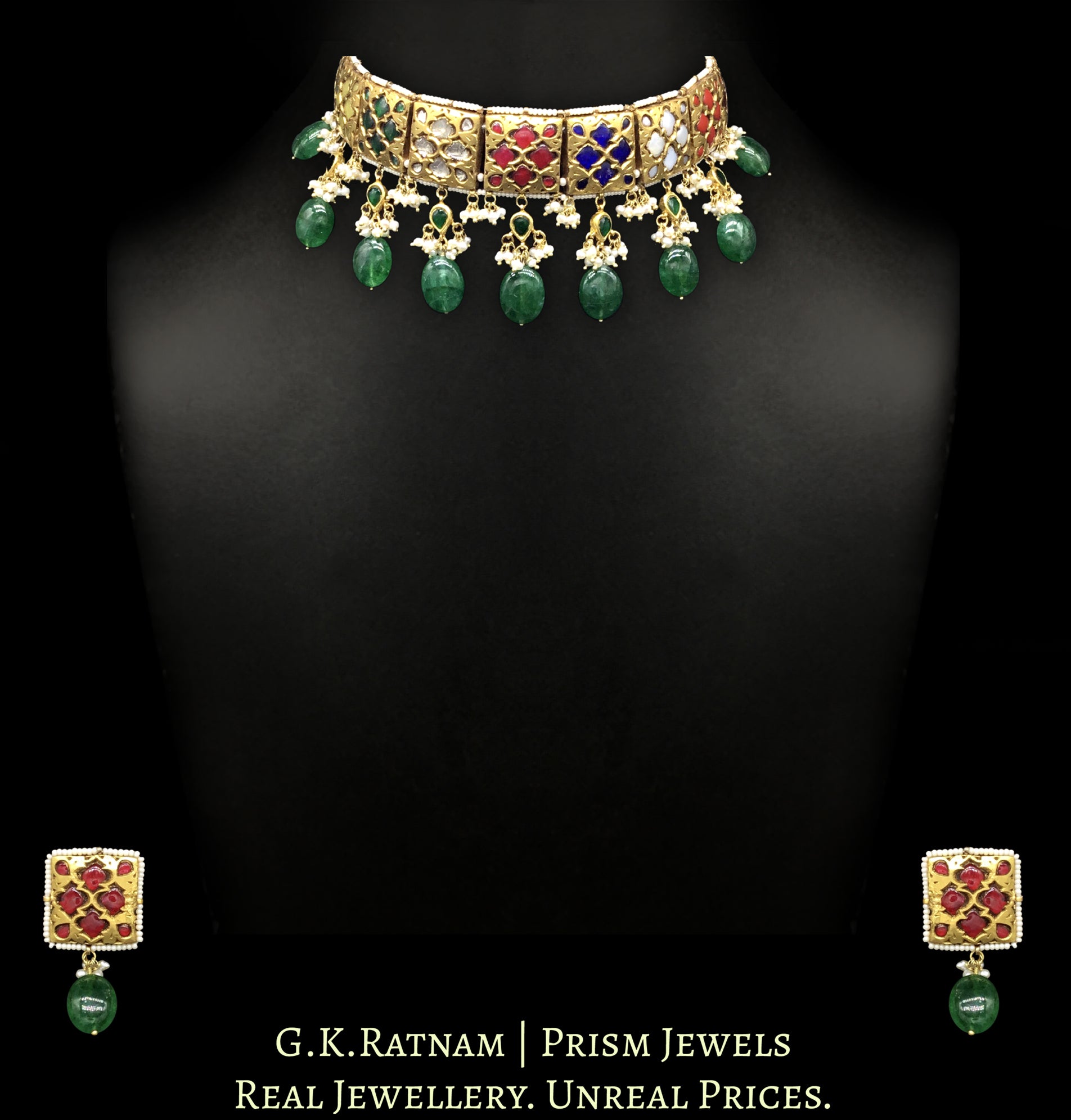 23k Gold and Diamond Polki Navratna Choker Necklace Set with Natural Freshwater Pearls and Green Beryls