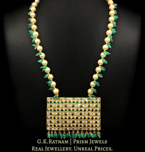 23k Gold and Diamond Polki green rectangle Pendant with pearls and green beryls