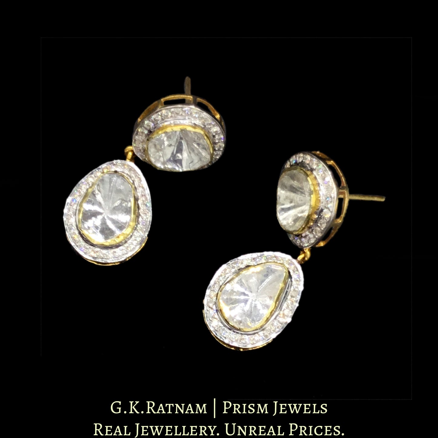14k Gold and Diamond Polki Open Setting Necklace Set with far sized uncut diamonds - G. K. Ratnam