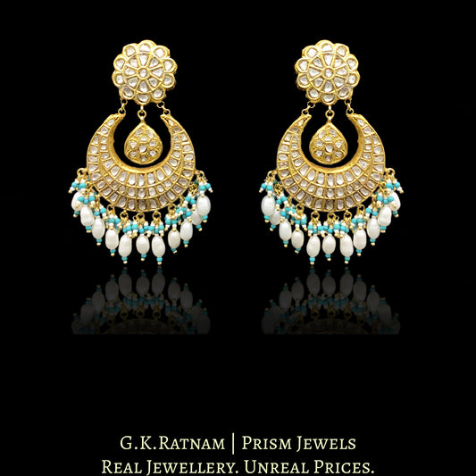 23k Gold and Diamond Polki Chand Bali Earring pair with freshwater rice pearls and a hint of firoza