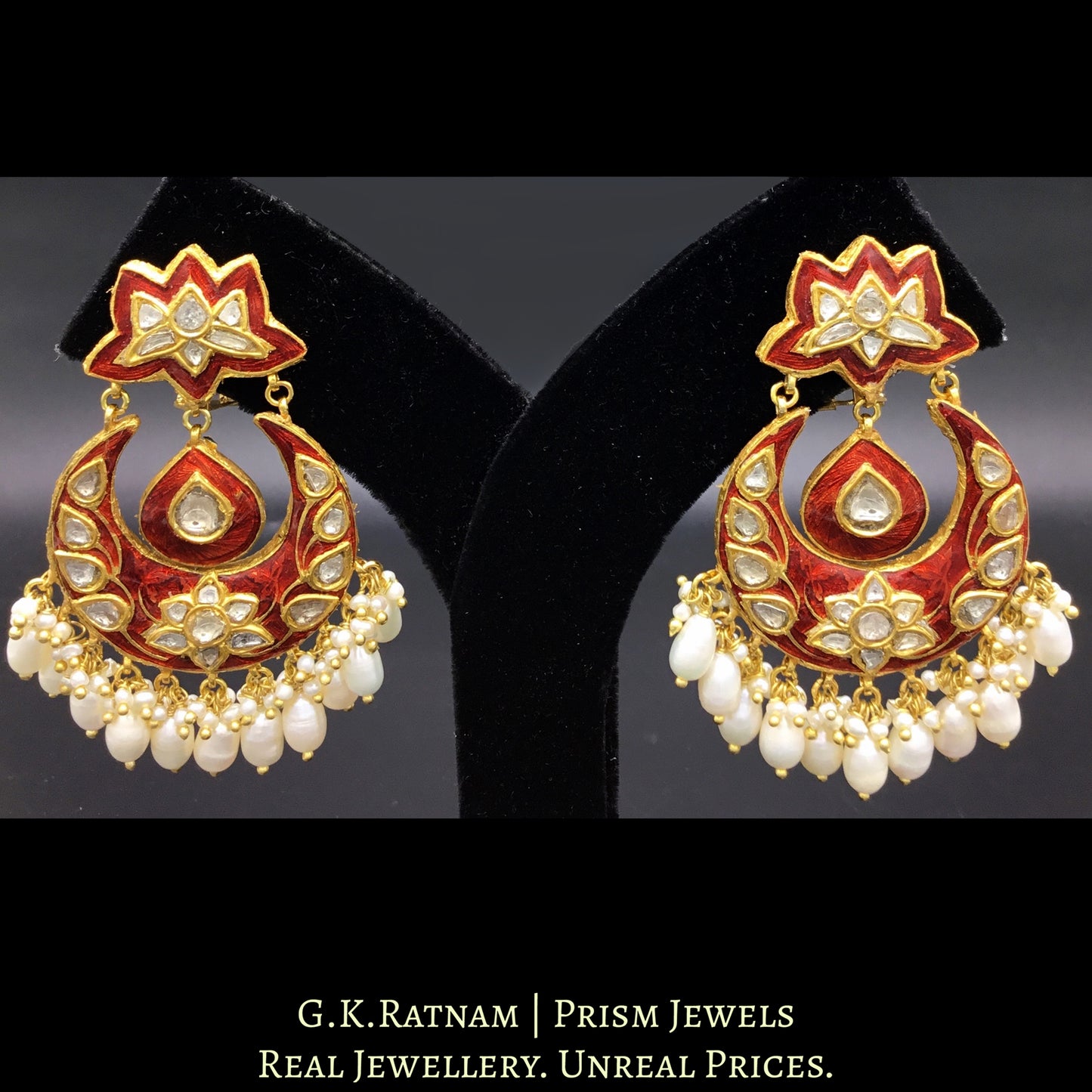 23k Gold and Diamond Polki Chand Bali Earring Pair with red meenakari