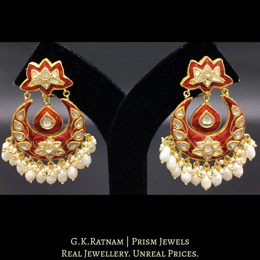 23k Gold and Diamond Polki Chand Bali Earring Pair with red meenakari