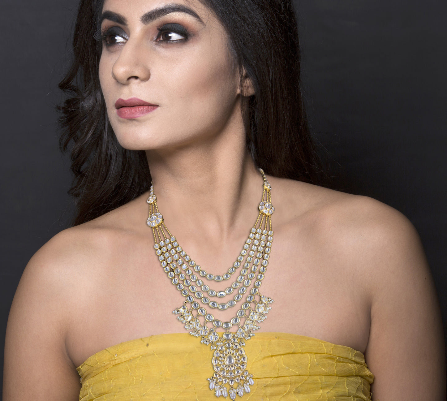 18k Gold and Diamond Polki four-row long Necklace With Chains