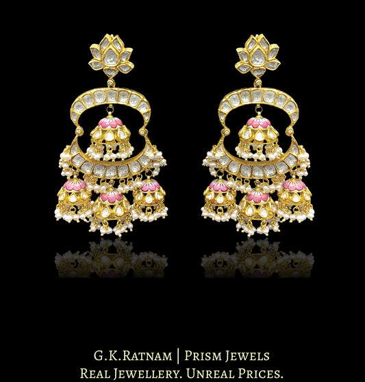 18k Gold and Diamond Polki Chand Bali Earring Pair with three pairs of Pink Enamel Jhumkas - G. K. Ratnam