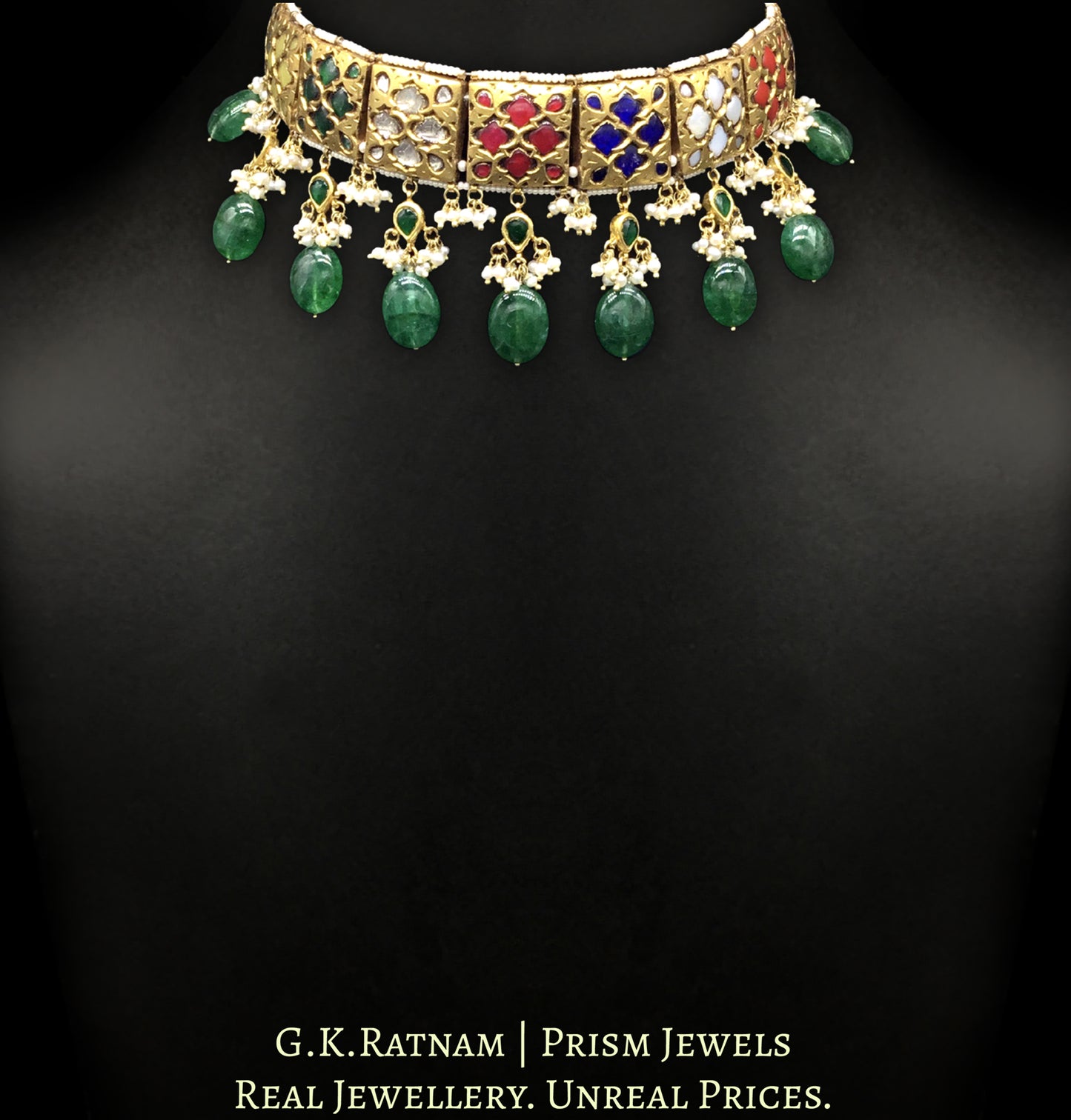 23k Gold and Diamond Polki Navratna Choker Necklace Set with Natural Freshwater Pearls and Green Beryls