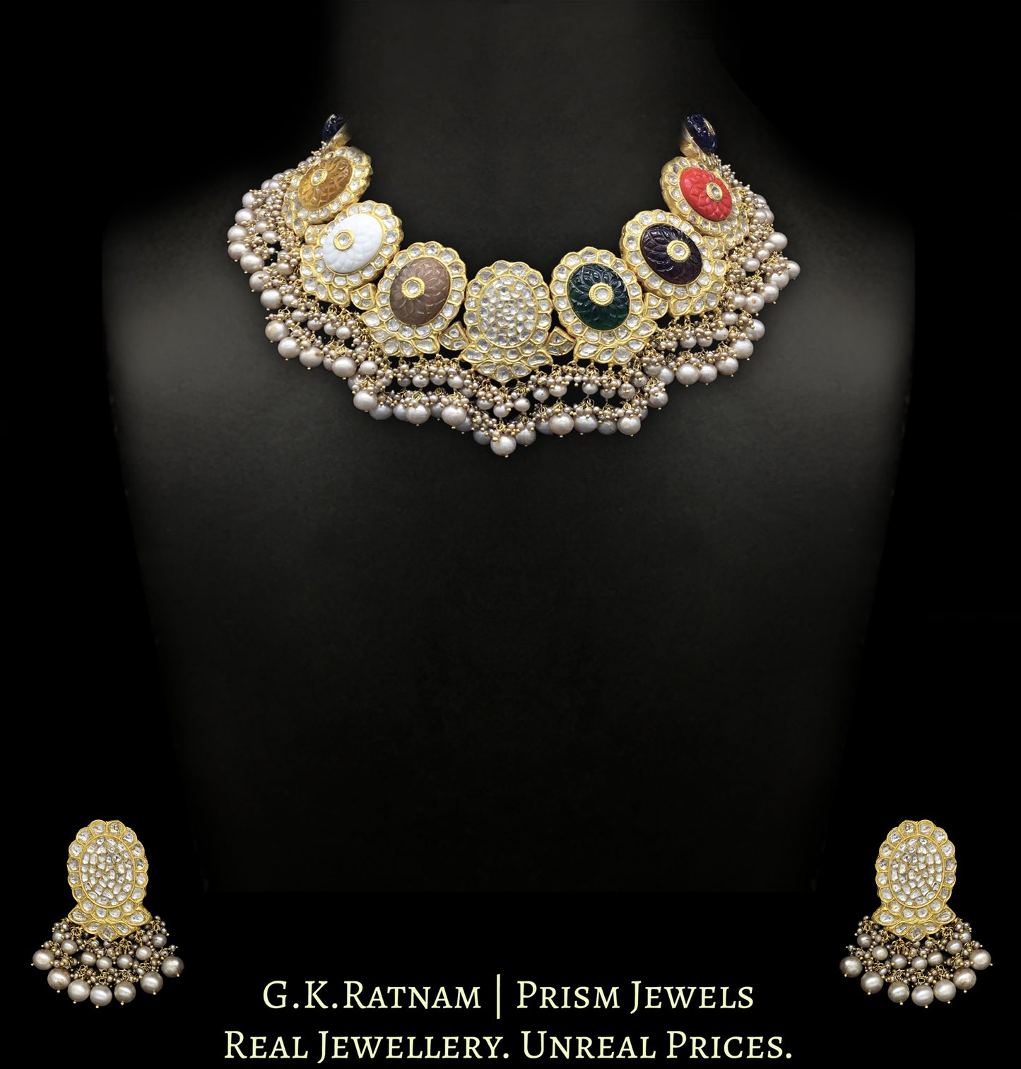 23k Gold and Diamond Polki Navratna Necklace Set with Antiqued Freshwater Pearls