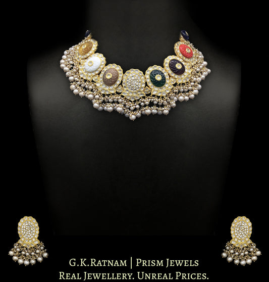 23k Gold and Diamond Polki Navratna Necklace Set with Antiqued Freshwater Pearls