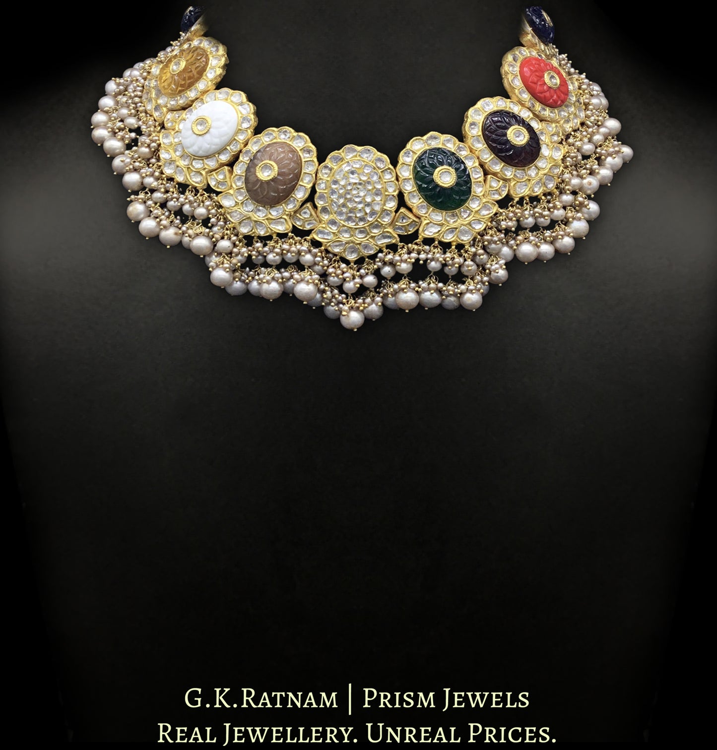 23k Gold and Diamond Polki Navratna Necklace Set with Antiqued Freshwater Pearls