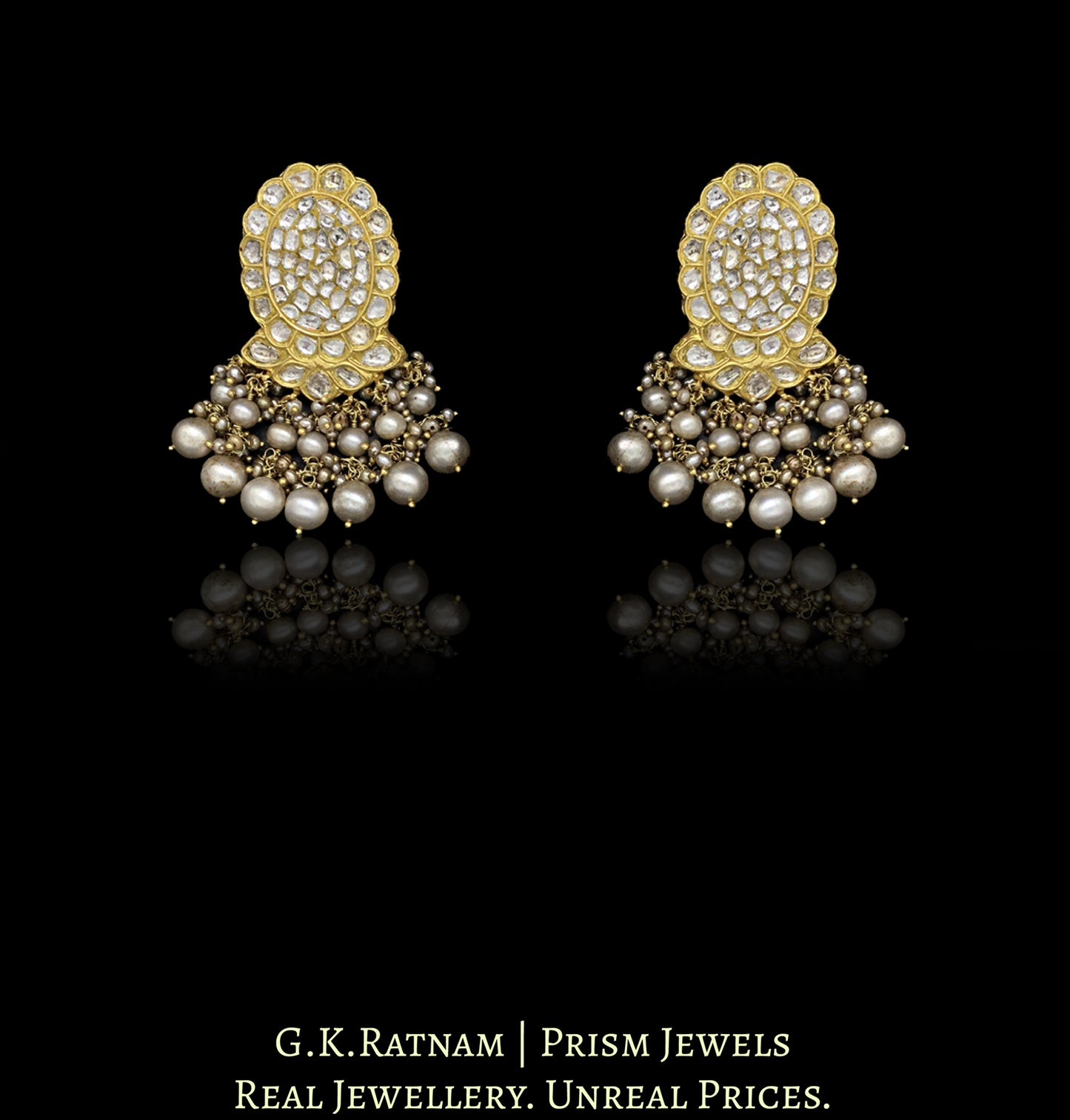 23k Gold and Diamond Polki Navratna Necklace Set with Antiqued Freshwater Pearls