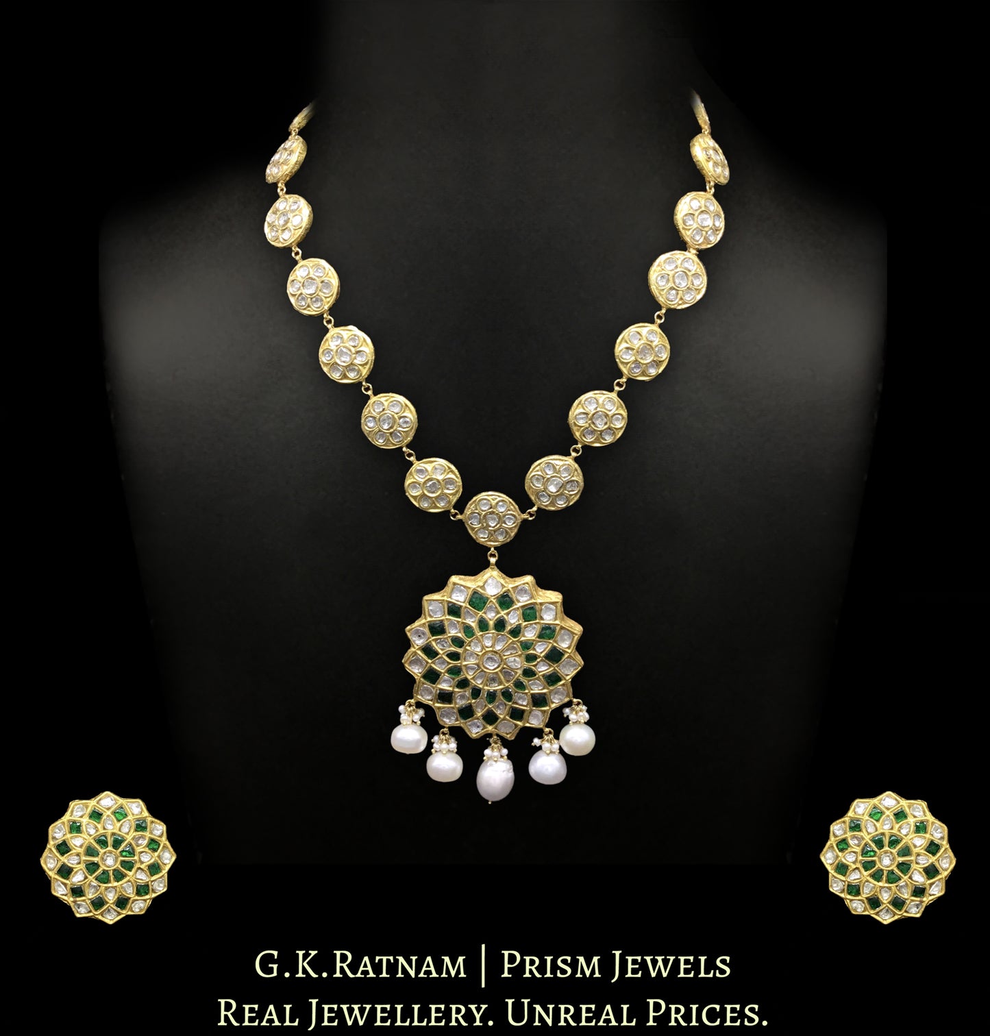 23k Gold and Diamond Polki long Necklace Set enhanced with Natural Freshwater Pearls