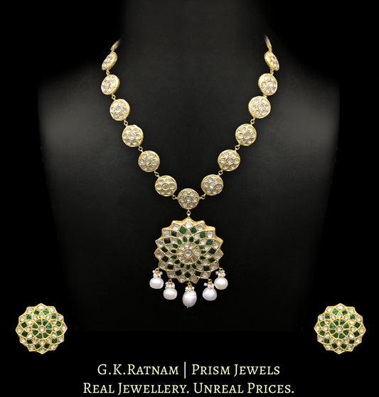 23k Gold and Diamond Polki long Necklace Set enhanced with Natural Freshwater Pearls