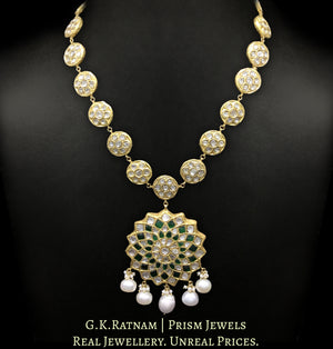 23k Gold and Diamond Polki long Necklace Set enhanced with Natural Freshwater Pearls