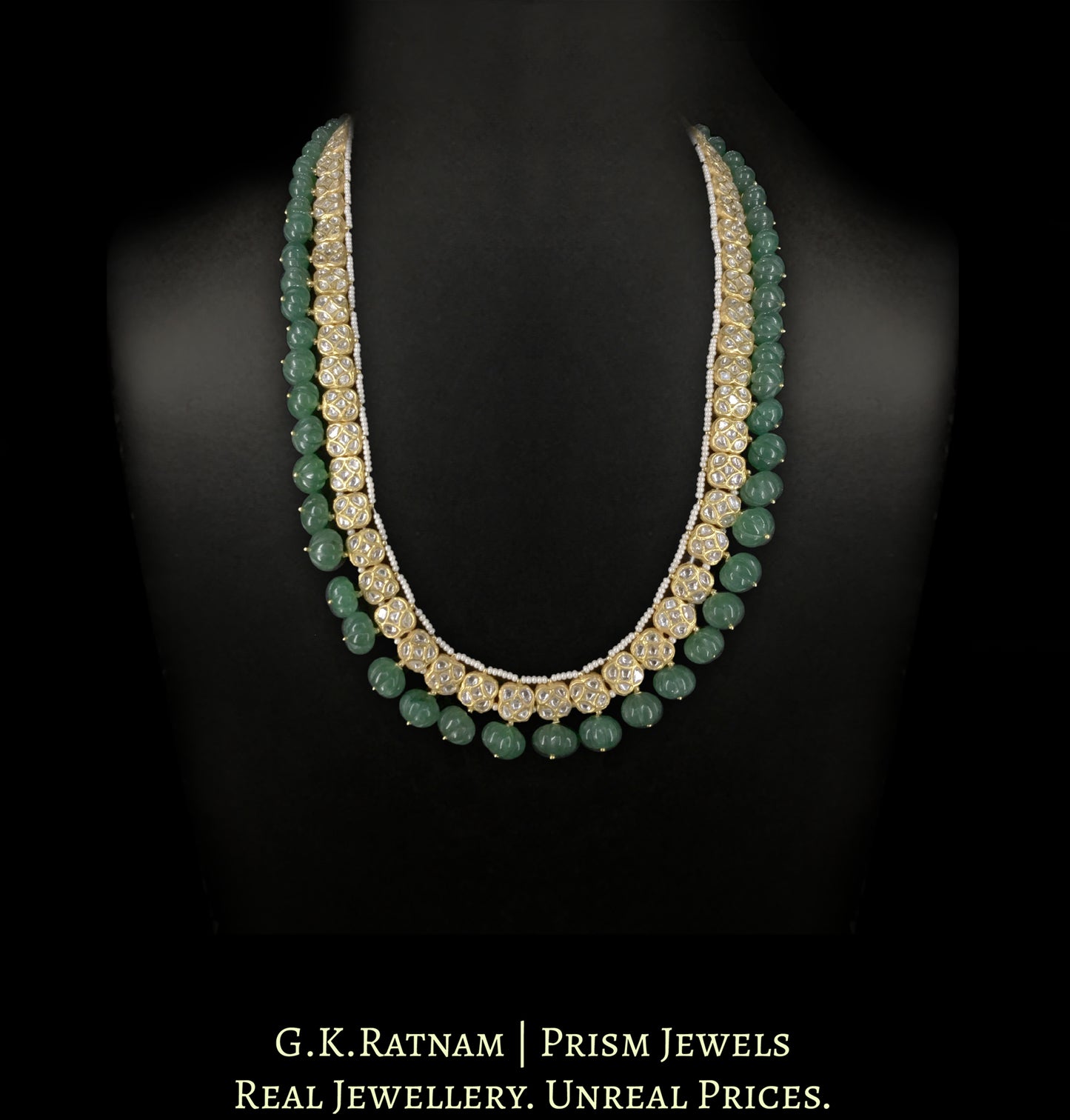 23k Gold and Diamond Polki Long Necklace with Square tikdas strung With Aventurine Quartz Melons - G. K. Ratnam