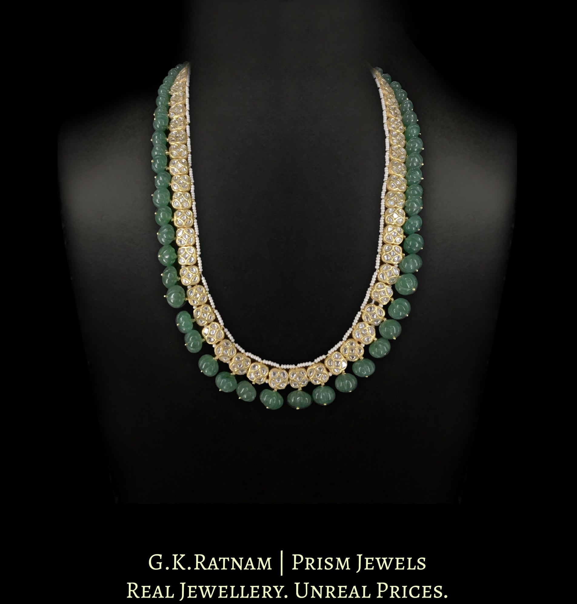 23k Gold and Diamond Polki Long Necklace with Square tikdas strung With Aventurine Quartz Melons - G. K. Ratnam