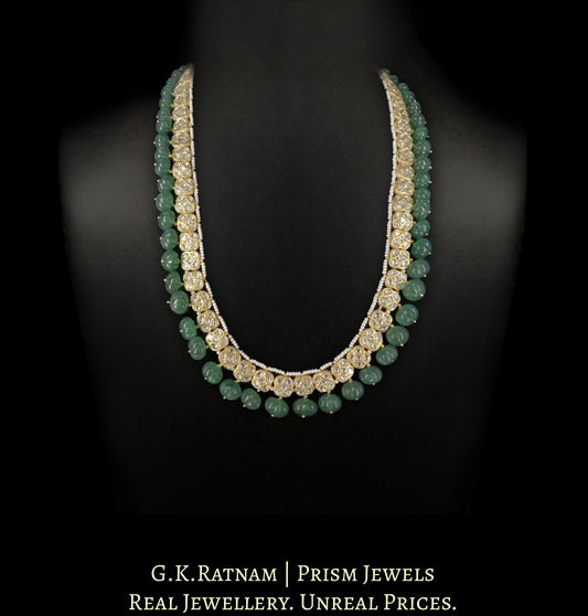 23k Gold and Diamond Polki Long Necklace with Square tikdas strung With Aventurine Quartz Melons - G. K. Ratnam