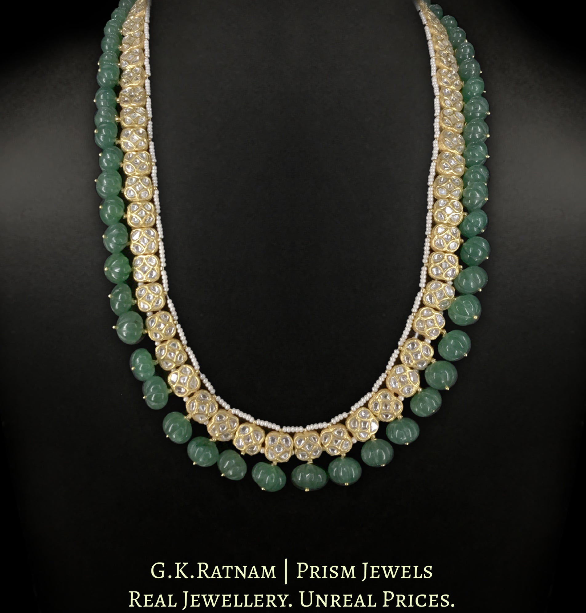 23k Gold and Diamond Polki Long Necklace with Square tikdas strung With Aventurine Quartz Melons - G. K. Ratnam
