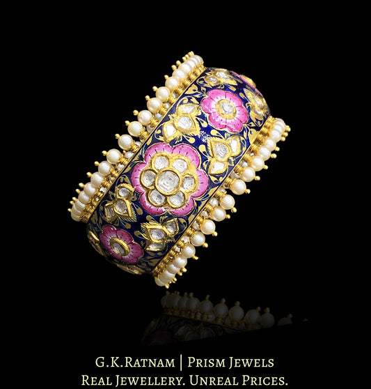 22k Gold and Diamond Polki Pink and Blue Enamel broad Bangle - G. K. Ratnam