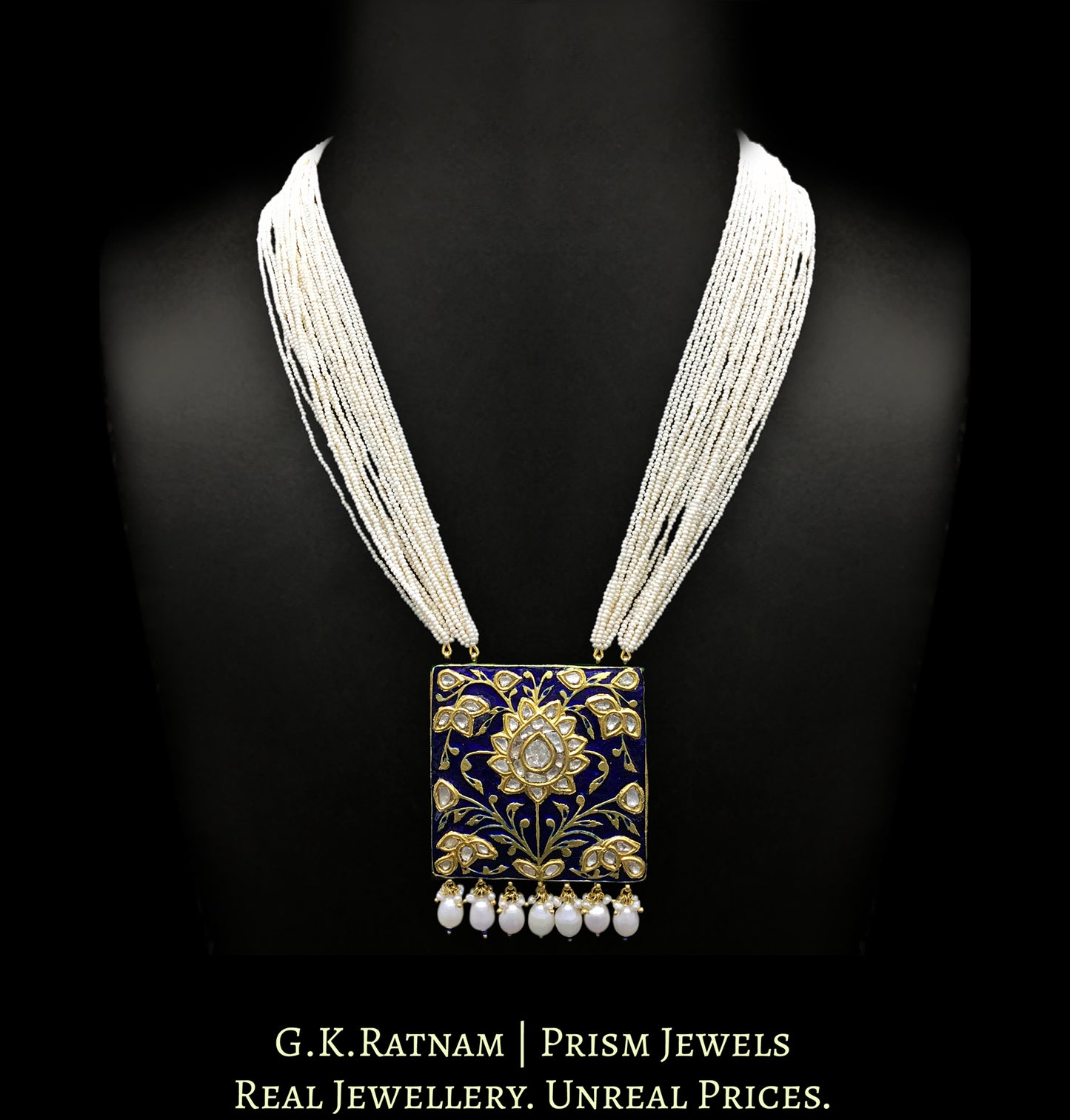 23k Gold and Diamond Polki square royal-blue enamel Pendant with chid pearl bunches