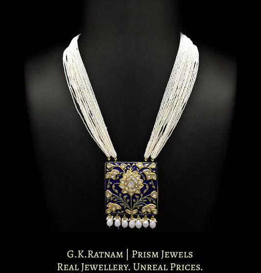 23k Gold and Diamond Polki square royal-blue enamel Pendant with chid pearl bunches