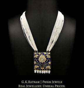 23k Gold and Diamond Polki square royal-blue enamel Pendant with chid pearl bunches