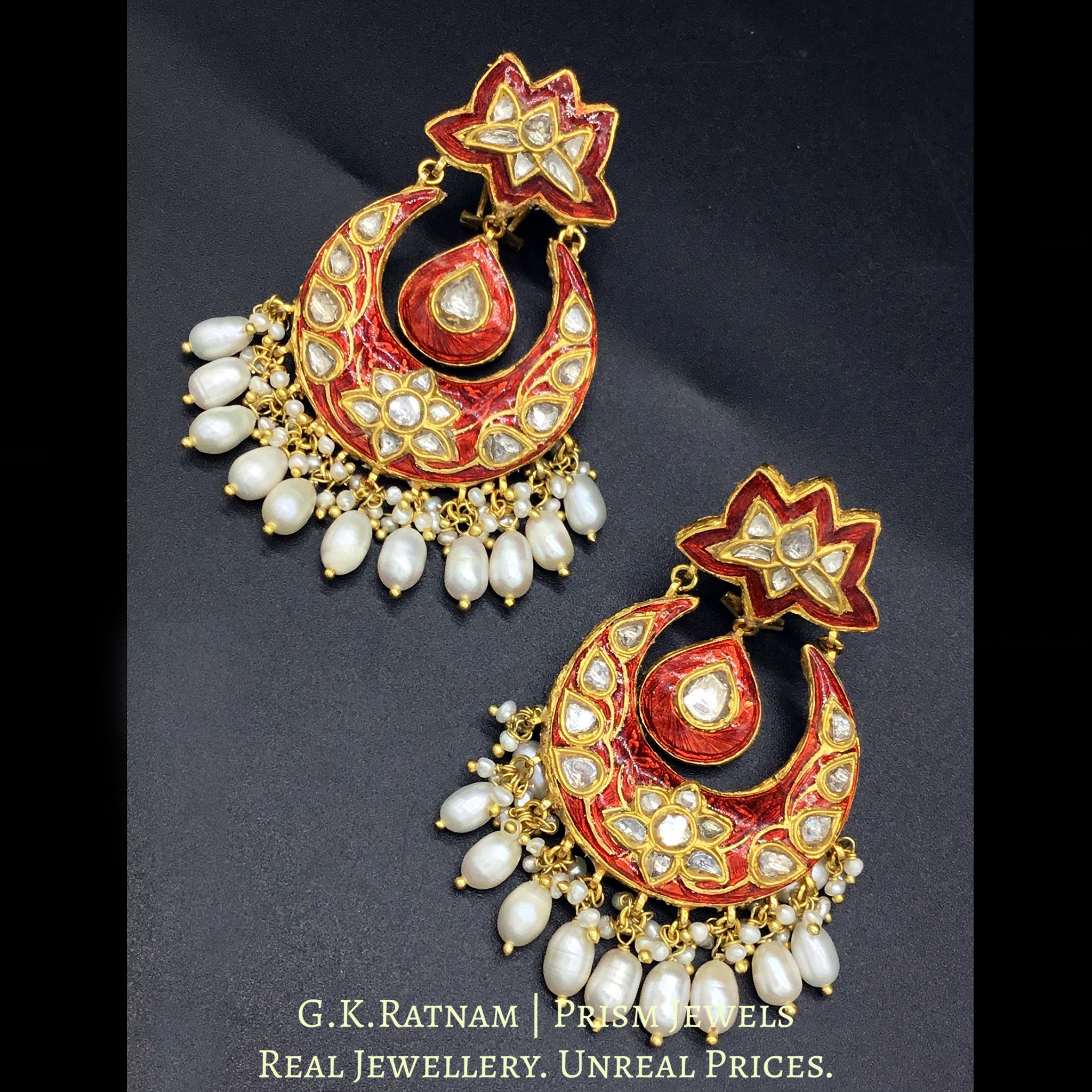23k Gold and Diamond Polki Chand Bali Earring Pair with red meenakari