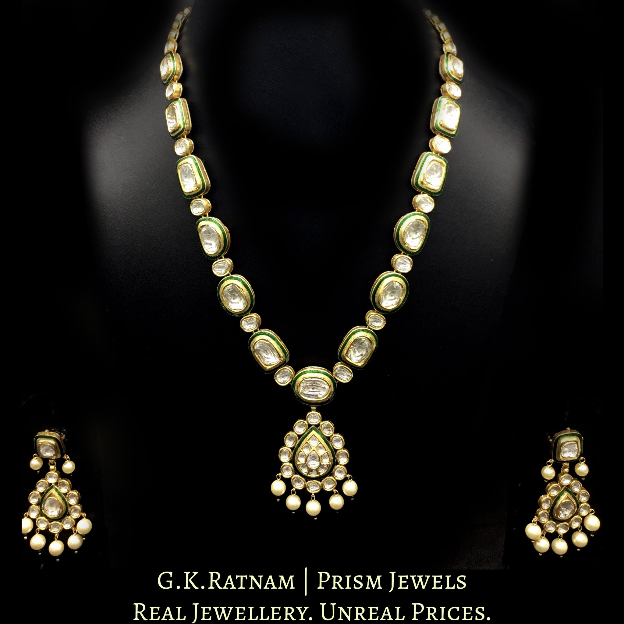 18k Gold and Diamond Polki Necklace Set with big uncuts surrounded by green enamelling