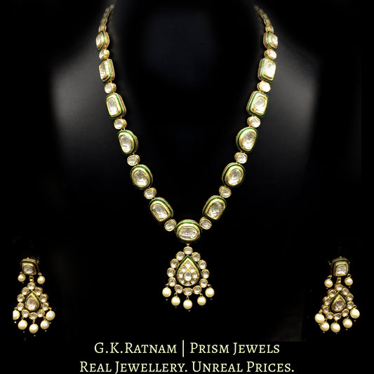 18k Gold and Diamond Polki Necklace Set with big uncuts surrounded by green enamelling