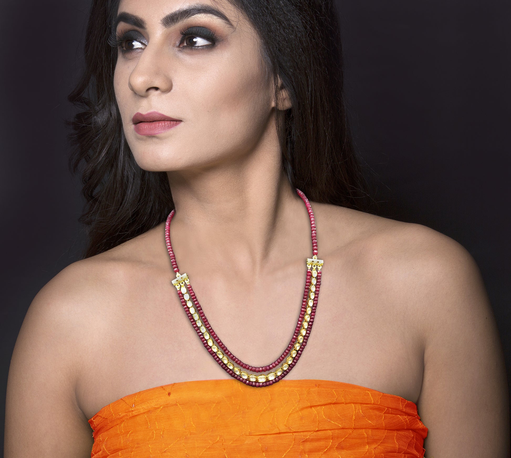 Traditional Gold and Diamond Polki single line Necklace sandwiched in natural cut rubies - G. K. Ratnam