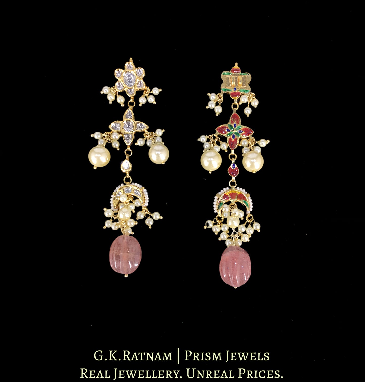 18k Gold and Diamond Polki Choker Necklace Set with inverted crescents motifs enhanced by hand-carved Strawberry Quartz Melons and Pearls